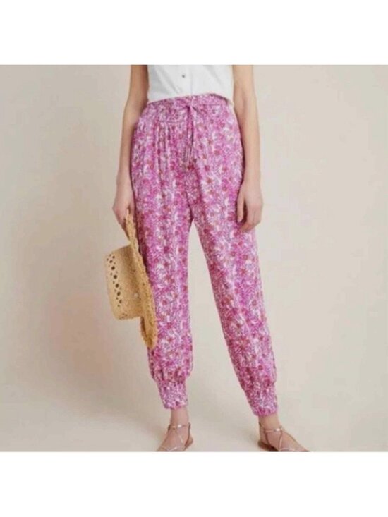 Anthropologie Pants - Anthropologie Smocked Printed Abstract Pink Floral Joggers Pants Medium Boho